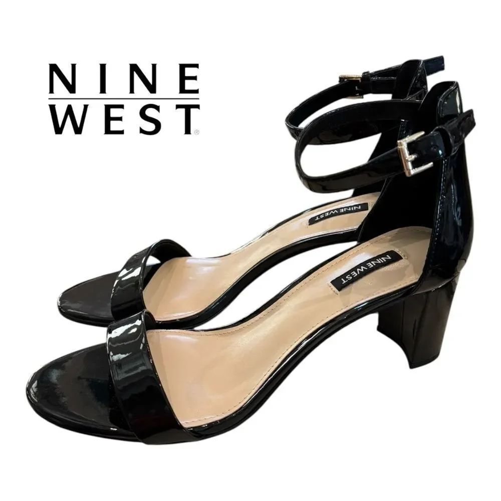 New NINE West Pruce Women's Black Patent Block Heel Ankle Strap Sandals 11